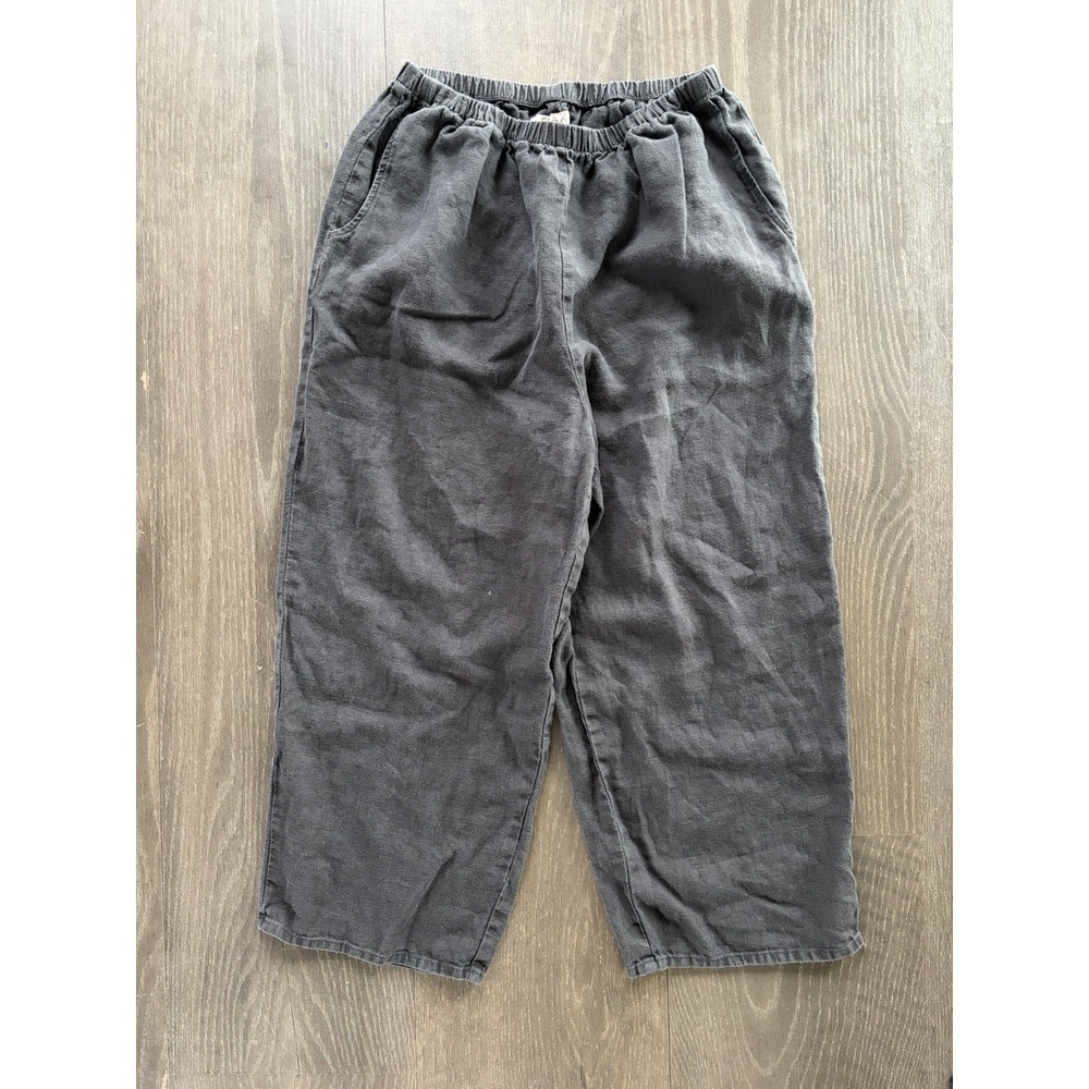 Flax Heathered 100% Linen Pants Wide Leg Cropped Elastic Waist Size L